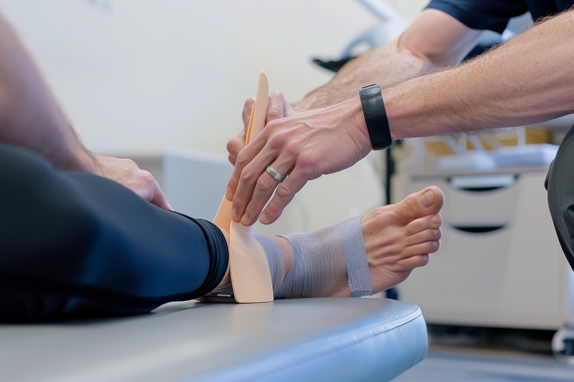 Podiatrist examining patient foot